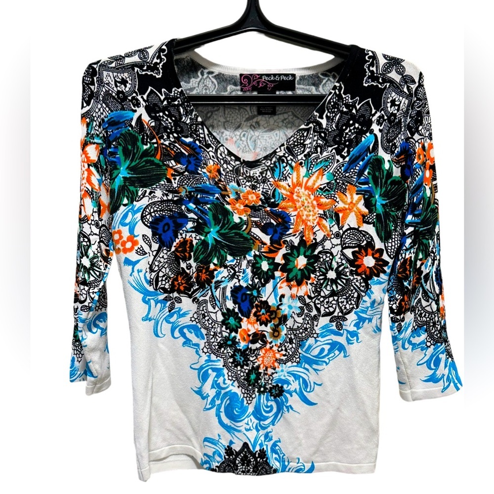 Peck & Peck Beaded Floral Top Size M 3/4 Sleeve Embellished Stretch Blouse